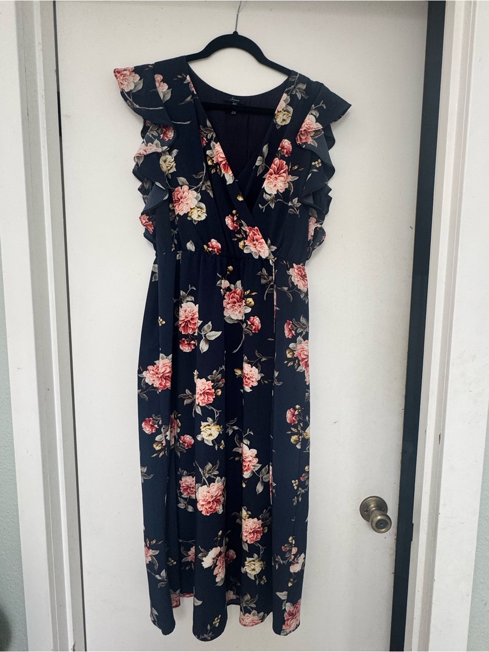 Soprano Navy Floral Maxi Dress with Ruffle Sleeves